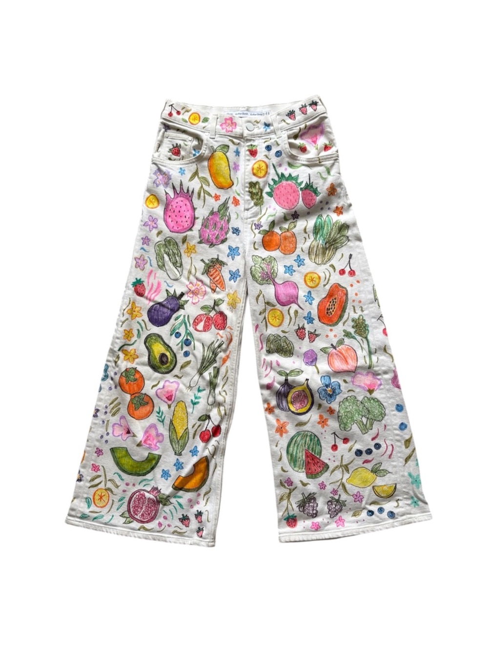 Upcycled Fruit Vegetable Wide Leg Crop Pants Hand Drawn 24”